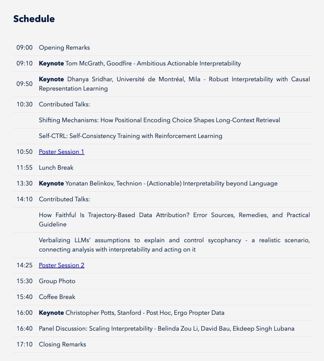 Picture showing the workshop schedule, which is also listed on the website for screen reading at https://actionable-interpretability.github.io/.