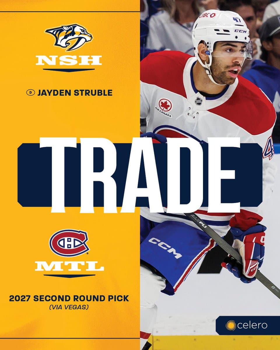 Trade graphic with a photo of Jayden Struble on the right. Trade details: We acquire Jayden Struble from MTL in exchange for Vegas’ 2027 Second Round pick