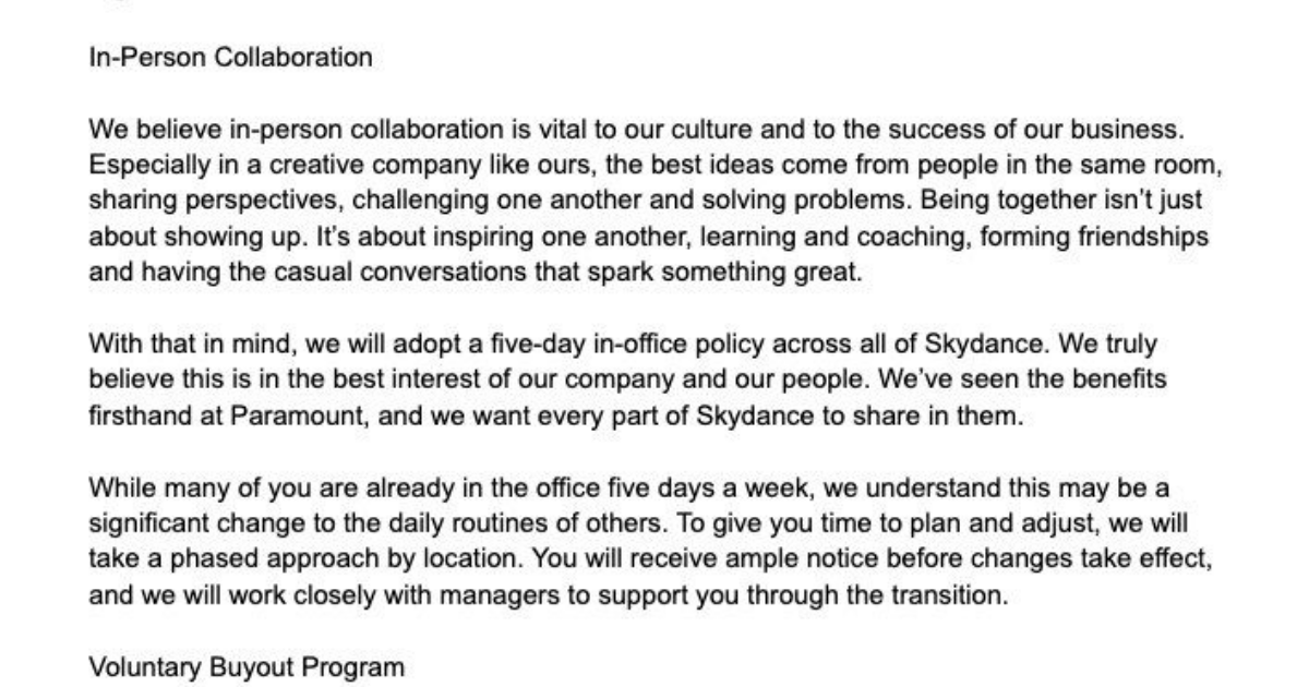 Skydance introduces voluntary buyouts, plans five-day office week · Digg