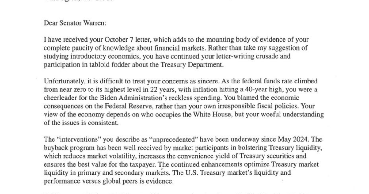 Treasury Secretary Bessent Fires Back at Sen. Warren in Letter · Digg